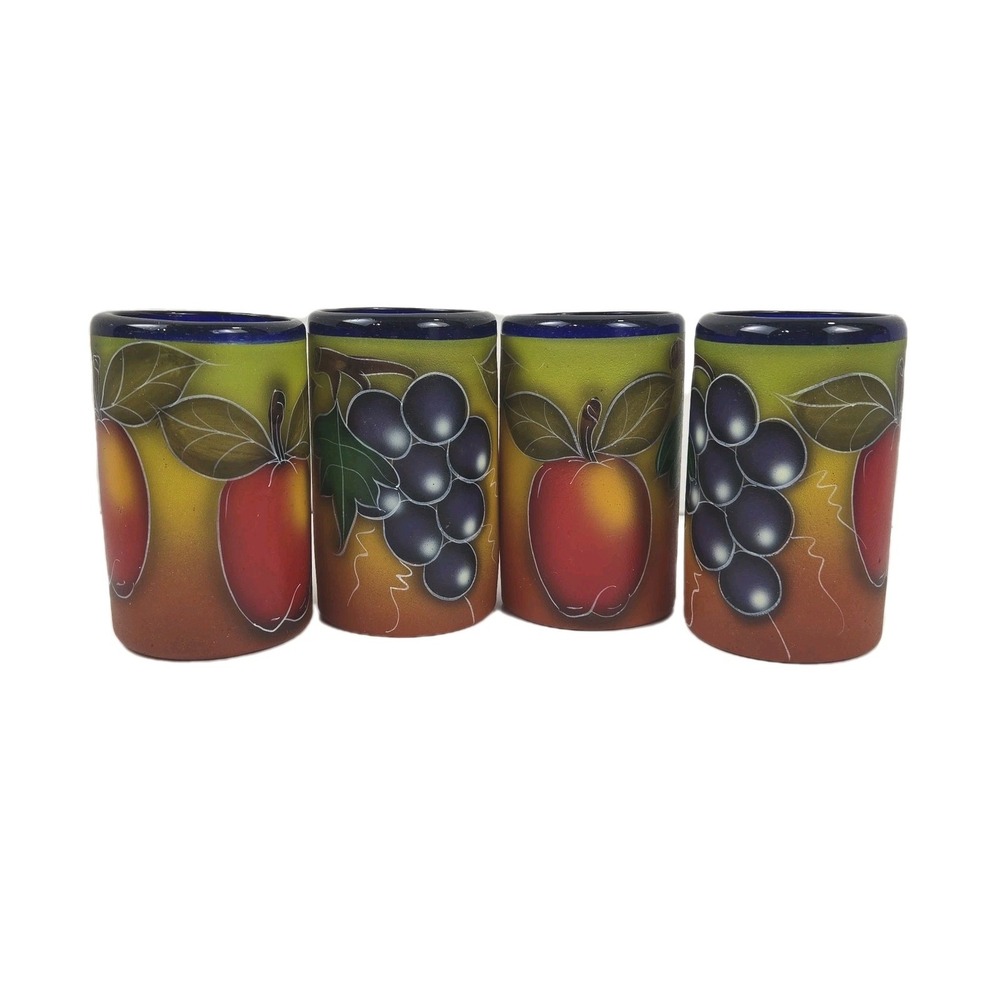 Mexican Hand Blown Painted Tumblers Mixed Fruit Sangria Margaritas Lot of 4